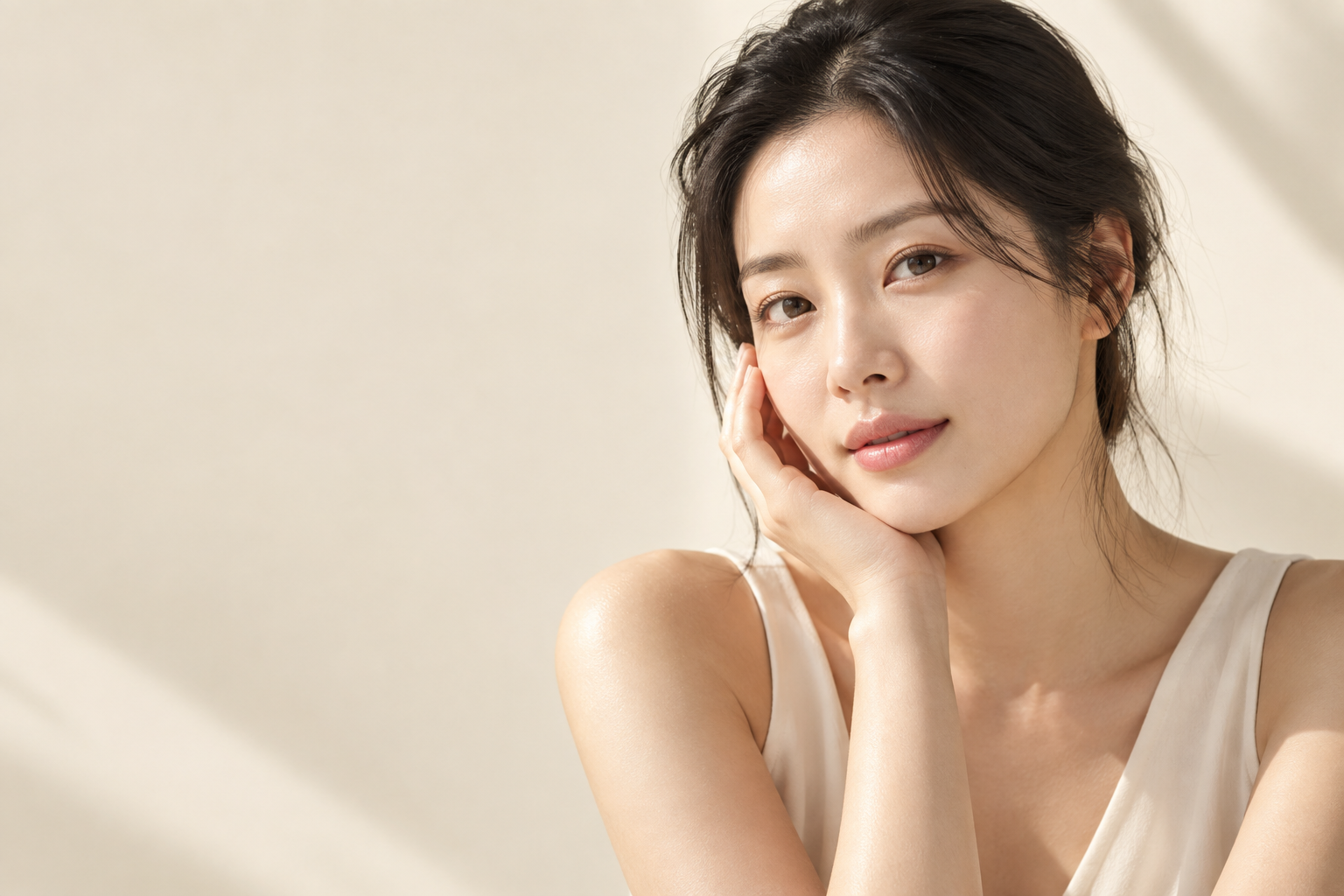 An editorial beauty portrait in warm natural light